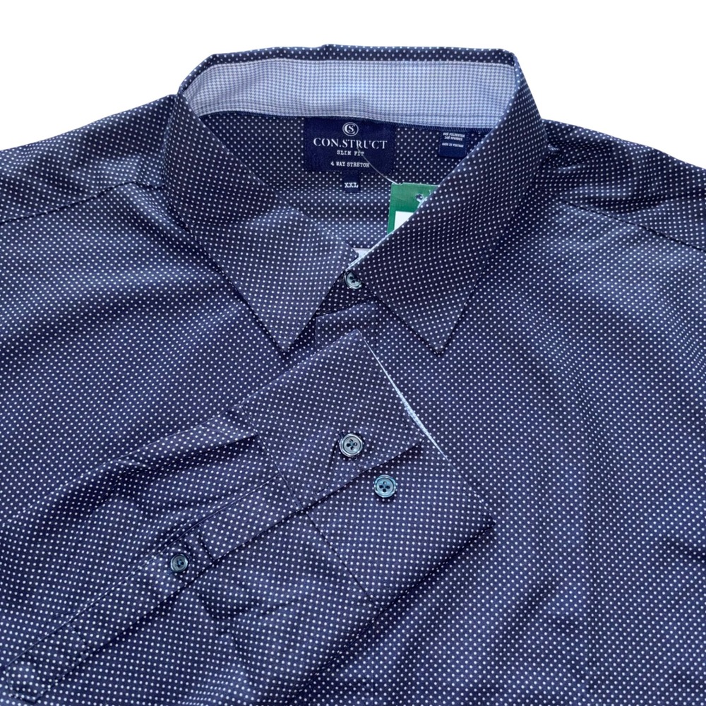 NWT Con.Struct Mens XXL Navy Polka Dot Slim Fit 4-Way Stretch Shirt‎ Big&Tall